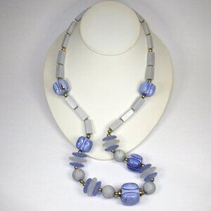Blue Ceramic Beaded Necklace Chunky Sea Glass Gold Tone Accent 14" Japan VTG